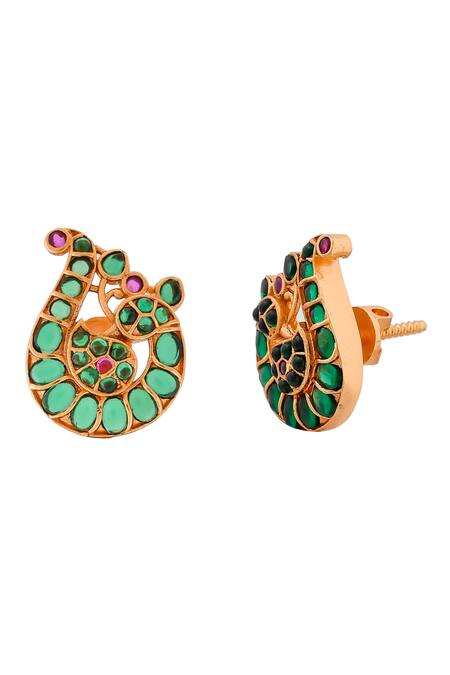 Shop_Ishhaara_Green Diamonds, Stones Kempu Encrusted Paisley Earrings _Online_at_Aza_Fashions