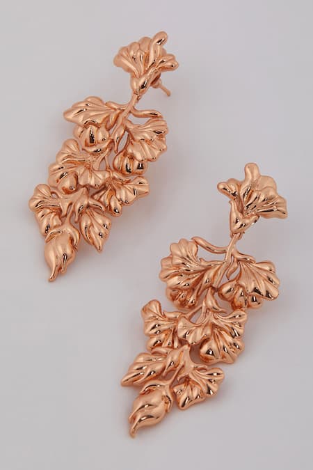 Shop Opalina Soulful Jewellery Gold Plated Cut Work Handcrafted Floral Long Statement Earrings at Aza Fashions Shop_Opalina Soulful Jewellery_Gold Plated Cut Work Handcrafted Floral Long Statement Earrings _at_Aza_Fashions