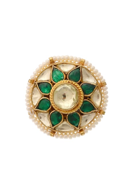 Shop MAISARA JEWELRY Green Embroidery Kundan Embellished Ring at Aza Fashions Shop_MAISARA JEWELRY_Green Embroidery Kundan Embellished Ring _at_Aza_Fashions