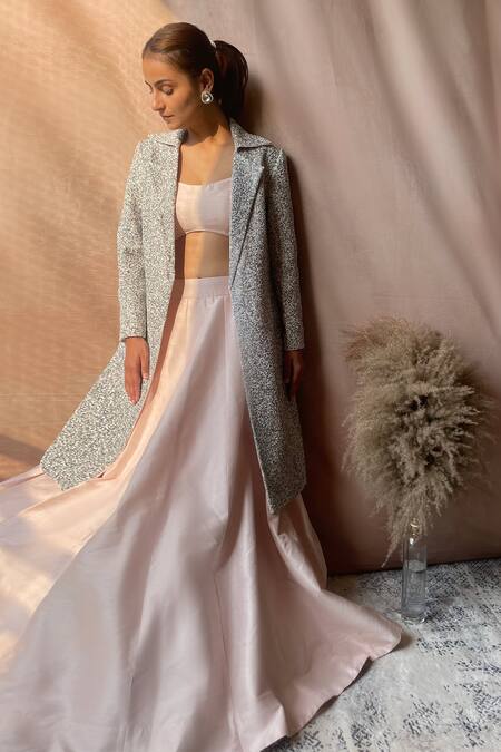 Aakansha Gupta_Peach Silk Pearls, Cut Work Scoop Neck, Collared Embroidered Jacket Lehenga Set _Online_at_Aza_Fashions