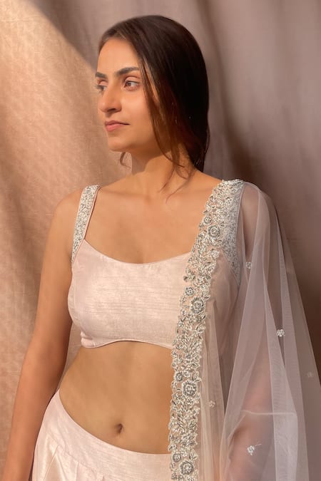 Aakansha Gupta Peach Tussar, Net Cut Work, Sequins, Lehenga Set With Border Embroidered Dupatta Online at Aza Fashions Aakansha Gupta_Peach Tussar, Net Cut Work, Sequins, Lehenga Set With Border Embroidered Dupatta _Online_at_Aza_Fashions