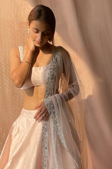 Buy Aakansha Gupta Peach Tussar, Net Cut Work, Sequins, Lehenga Set With Border Embroidered Dupatta Online at Aza Fashions Buy_Aakansha Gupta_Peach Tussar, Net Cut Work, Sequins, Lehenga Set With Border Embroidered Dupatta _Online_at_Aza_Fashions