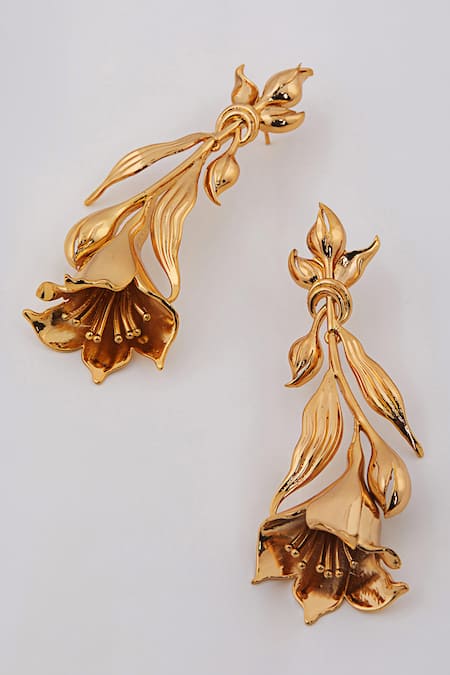 Shop Opalina Soulful Jewellery Gold Plated Cut Work Handcrafted Floral Long Statement Earrings at Aza Fashions Shop_Opalina Soulful Jewellery_Gold Plated Cut Work Handcrafted Floral Long Statement Earrings _at_Aza_Fashions
