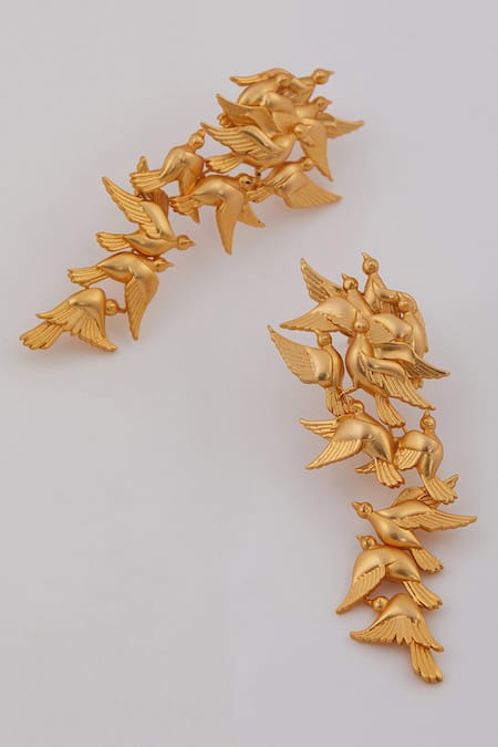 Shop Opalina Soulful Jewellery Gold Plated Cut Work Handcrafted Dove Long Statement Earrings at Aza Fashions Shop_Opalina Soulful Jewellery_Gold Plated Cut Work Handcrafted Dove Long Statement Earrings _at_Aza_Fashions