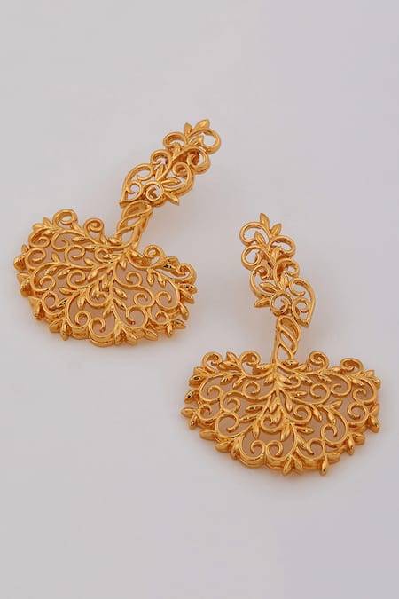 Shop Opalina Soulful Jewellery Gold Plated Cut Work Handcrafted Filigree Danglers at Aza Fashions Shop_Opalina Soulful Jewellery_Gold Plated Cut Work Handcrafted Filigree Danglers _at_Aza_Fashions