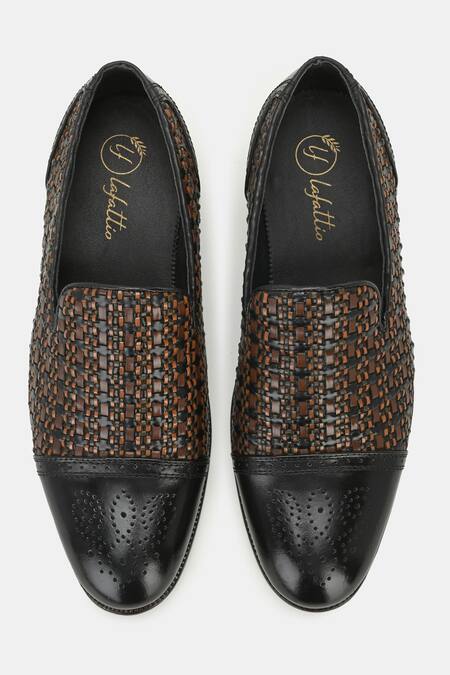 Shop_Lafattio_Black Textured Semi Brogue Loafers _at_Aza_Fashions