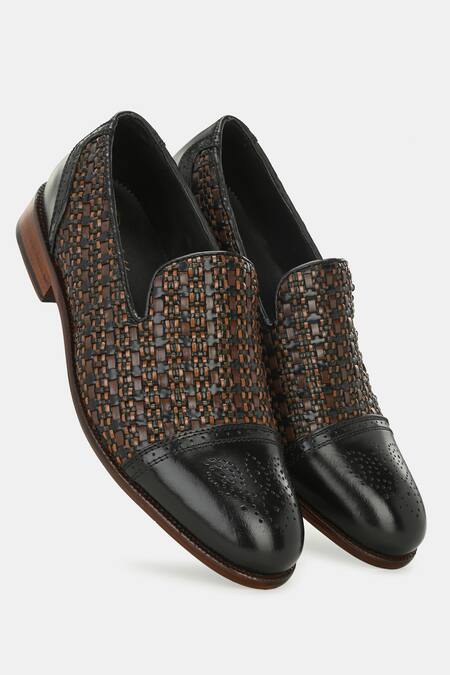 Lafattio_Black Textured Semi Brogue Loafers _Online_at_Aza_Fashions