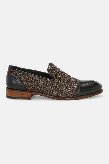 Shop_Lafattio_Black Textured Semi Brogue Loafers _Online_at_Aza_Fashions