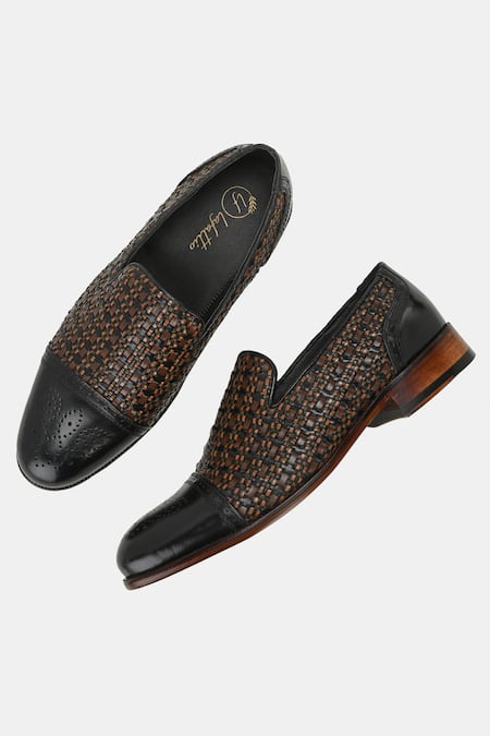 Buy_Lafattio_Black Textured Semi Brogue Loafers 