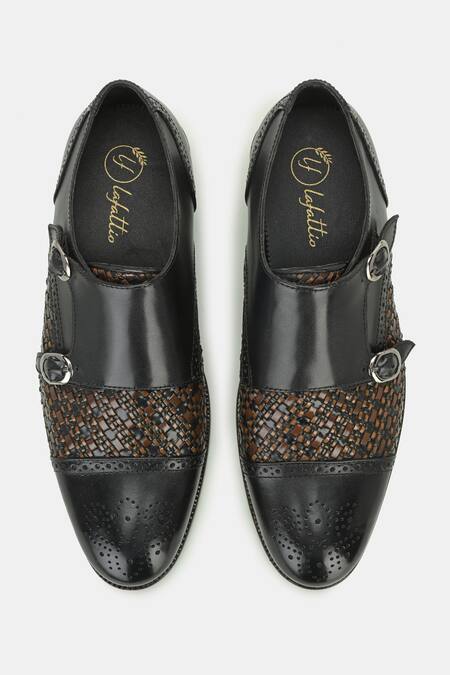 Shop_Lafattio_Black Leather Double Monk Strap Shoes _at_Aza_Fashions