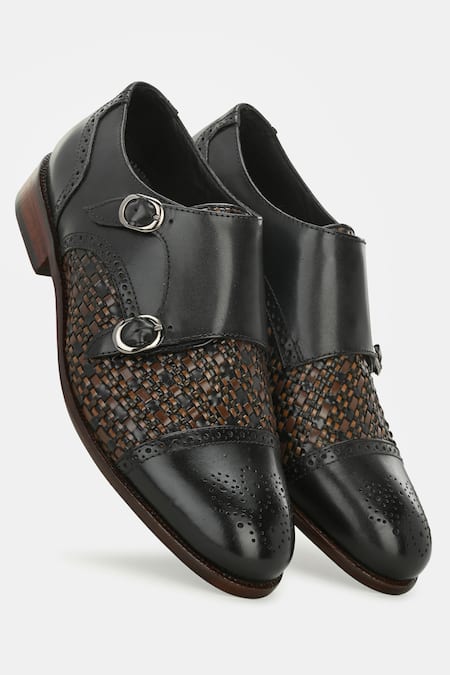 Lafattio_Black Leather Double Monk Strap Shoes _Online_at_Aza_Fashions