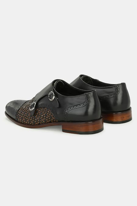 Lafattio_Black Leather Double Monk Strap Shoes _at_Aza_Fashions