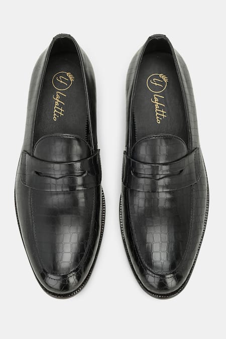 Shop_Lafattio_Black Laser Engraved Penny Loafers _at_Aza_Fashions