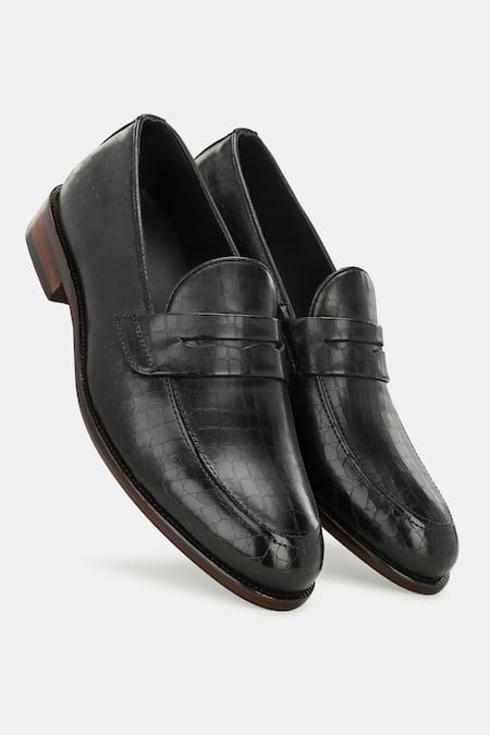 Lafattio_Black Laser Engraved Penny Loafers _Online_at_Aza_Fashions