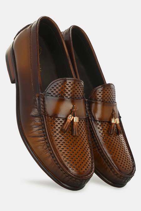 Lafattio_Brown Perforated Tassel Loafers _Online_at_Aza_Fashions