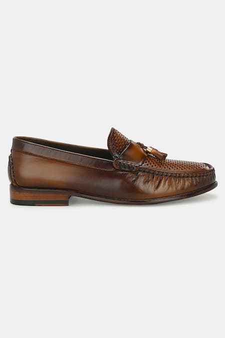 Shop_Lafattio_Brown Perforated Tassel Loafers _Online_at_Aza_Fashions