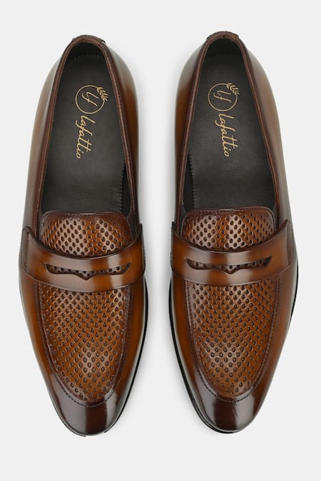 Lafattio Brown Perforated Leather Loafers 