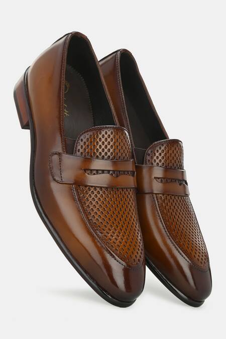 Lafattio_Brown Perforated Leather Loafers _Online_at_Aza_Fashions