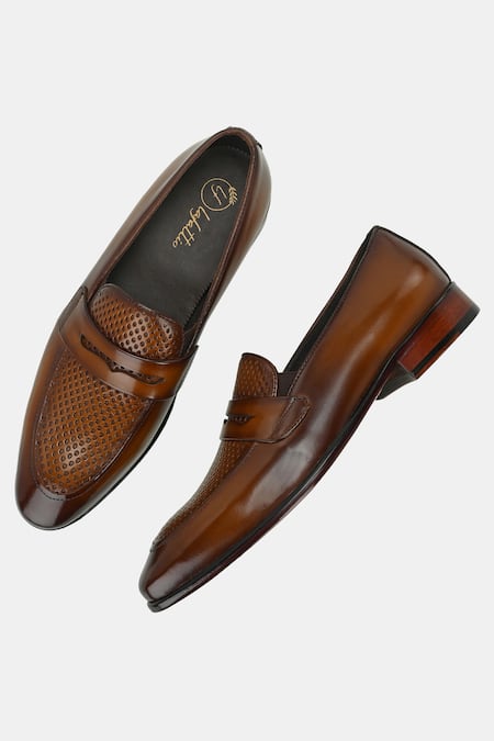 Buy_Lafattio_Brown Perforated Leather Loafers _Online_at_Aza_Fashions