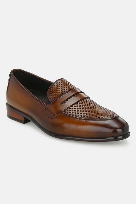 Shop_Lafattio_Brown Perforated Leather Loafers _Online_at_Aza_Fashions