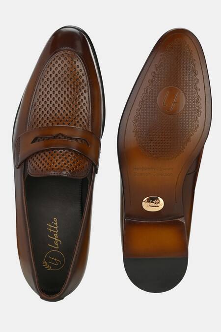 Shop_Lafattio_Brown Perforated Leather Loafers 