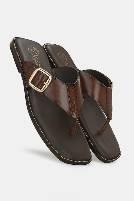 Lafattio_Brown Buckled Strap Slippers  _Online_at_Aza_Fashions