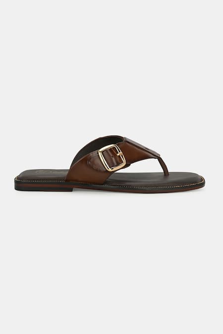 Shop_Lafattio_Brown Buckled Strap Slippers  _Online_at_Aza_Fashions