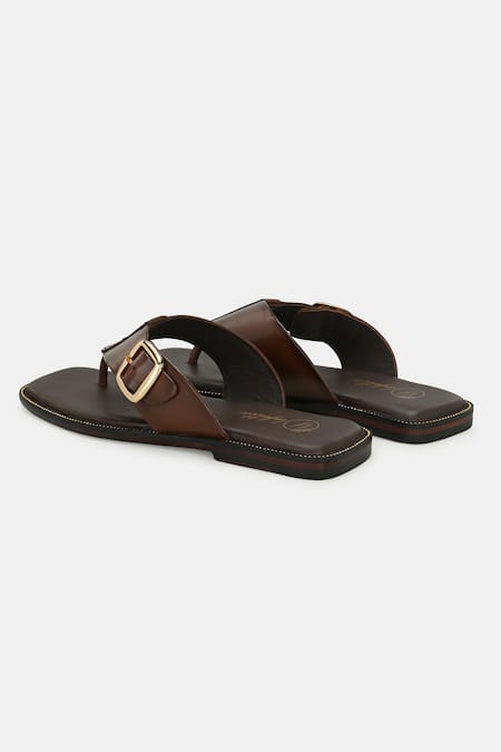 Lafattio_Brown Buckled Strap Slippers  _at_Aza_Fashions
