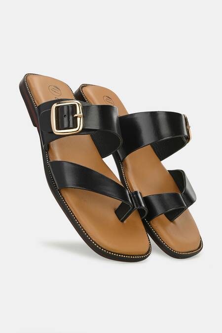 Lafattio_Black Leather Buckled Toe Ring Slippers _Online_at_Aza_Fashions