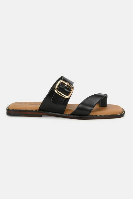 Shop_Lafattio_Black Leather Buckled Toe Ring Slippers _Online_at_Aza_Fashions