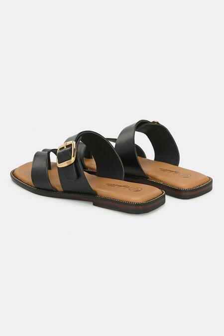 Lafattio_Black Leather Buckled Toe Ring Slippers _at_Aza_Fashions