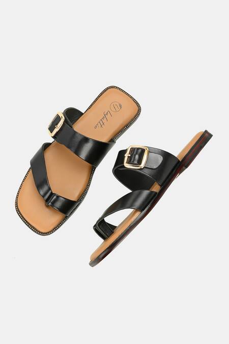 Shop_Lafattio_Black Leather Buckled Toe Ring Slippers 