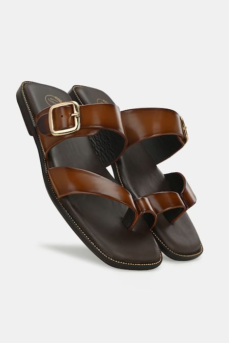 Lafattio_Brown Leather Buckled Toe Ring Slippers _Online_at_Aza_Fashions