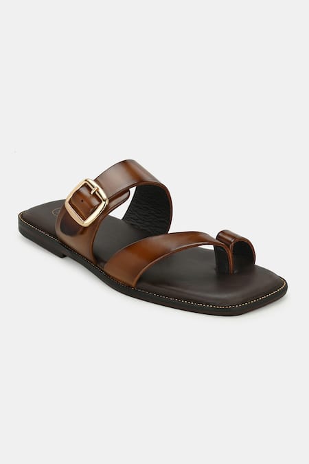 Shop_Lafattio_Brown Leather Buckled Toe Ring Slippers _Online_at_Aza_Fashions