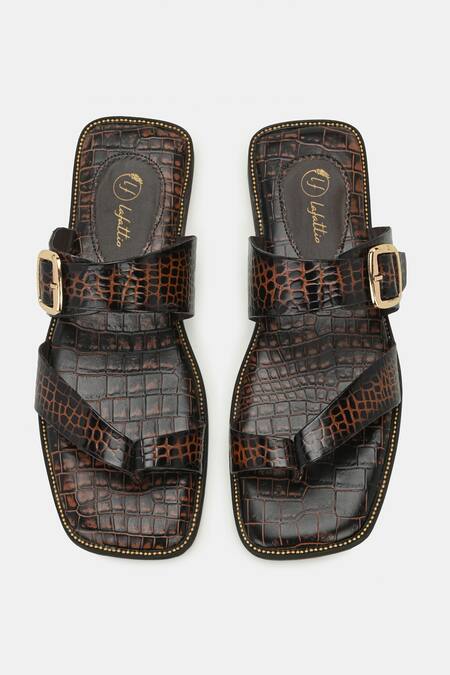 Shop_Lafattio_Brown Buckles Leather Slippers _at_Aza_Fashions