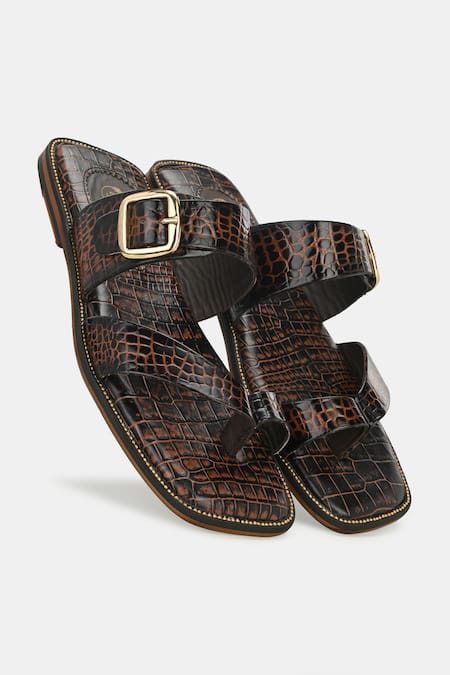 Lafattio_Brown Buckles Leather Slippers _Online_at_Aza_Fashions