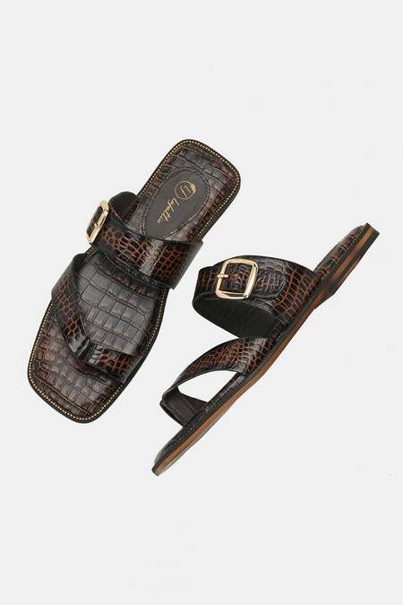 Buy_Lafattio_Brown Buckles Leather Slippers _Online_at_Aza_Fashions