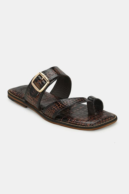 Shop_Lafattio_Brown Buckles Leather Slippers _Online_at_Aza_Fashions