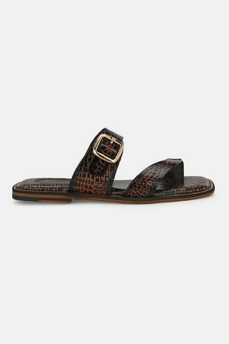 Lafattio_Brown Buckles Leather Slippers _at_Aza_Fashions