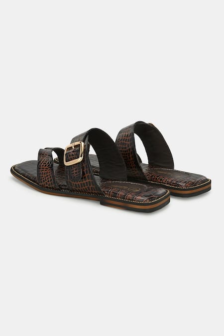 Buy_Lafattio_Brown Buckles Leather Slippers 