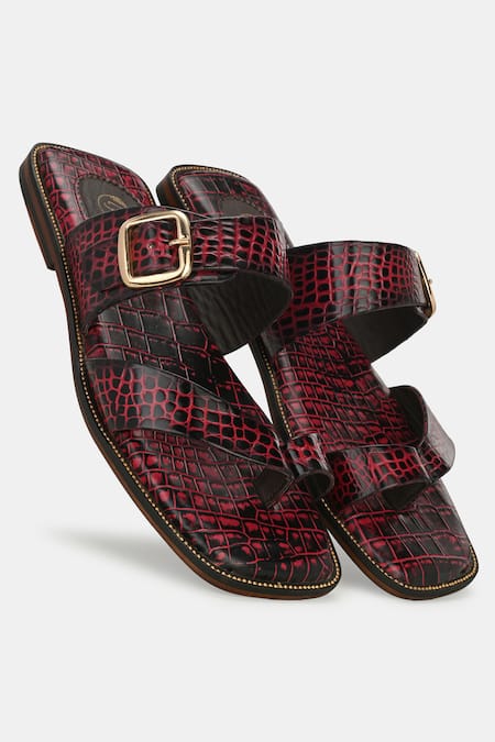 Lafattio_Red Cherry Leather Buckled Slippers_Online_at_Aza_Fashions