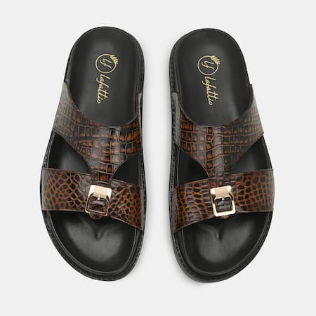 Shop_Lafattio_Brown Leather Buckled Slippers _at_Aza_Fashions