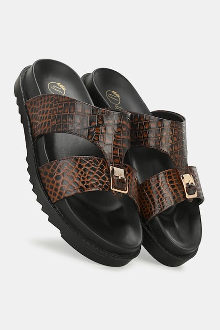 Lafattio_Brown Leather Buckled Slippers _Online_at_Aza_Fashions