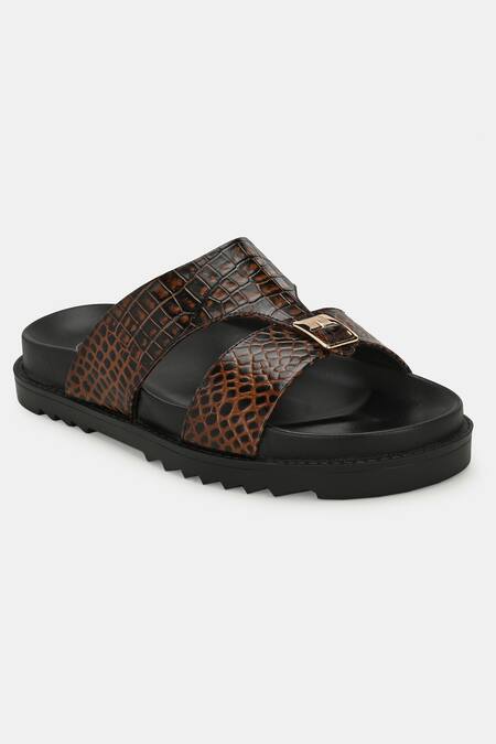 Buy_Lafattio_Brown Leather Buckled Slippers _Online_at_Aza_Fashions