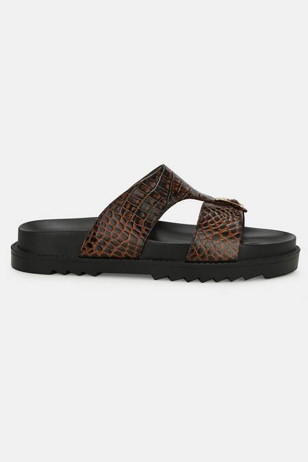 Shop_Lafattio_Brown Leather Buckled Slippers _Online_at_Aza_Fashions
