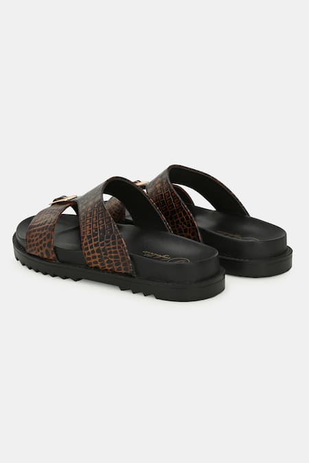 Lafattio_Brown Leather Buckled Slippers _at_Aza_Fashions
