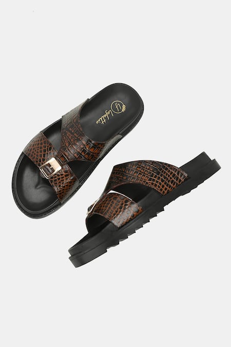 Shop_Lafattio_Brown Leather Buckled Slippers 