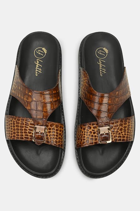 Shop_Lafattio_Brown Arba Textured Buckled Slippers  _at_Aza_Fashions