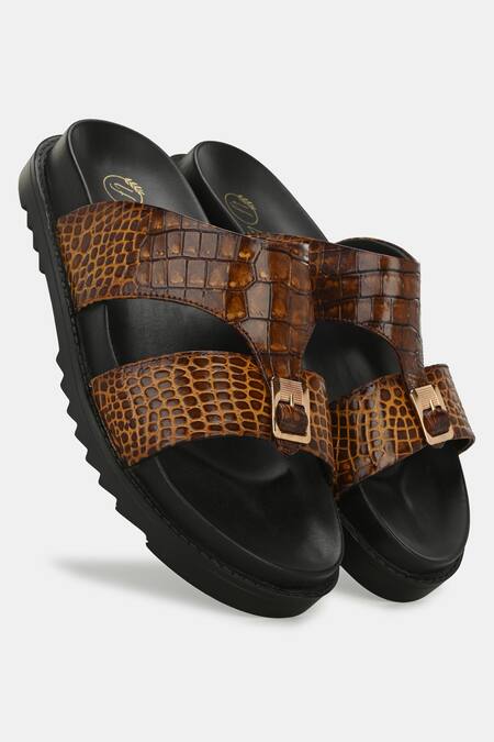 Lafattio_Brown Arba Textured Buckled Slippers  _Online_at_Aza_Fashions