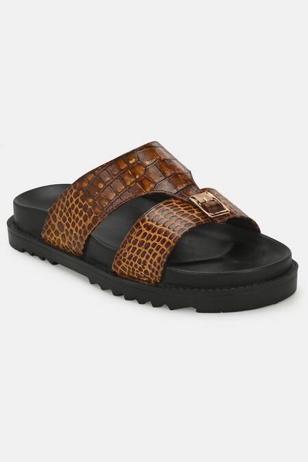 Buy_Lafattio_Brown Arba Textured Buckled Slippers  _Online_at_Aza_Fashions